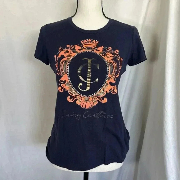 Y2K Juicy Couture Bedazzled Rhinestone Crown Logo Gold Pink Blue T-shirt Size M - Picture 2 of 12